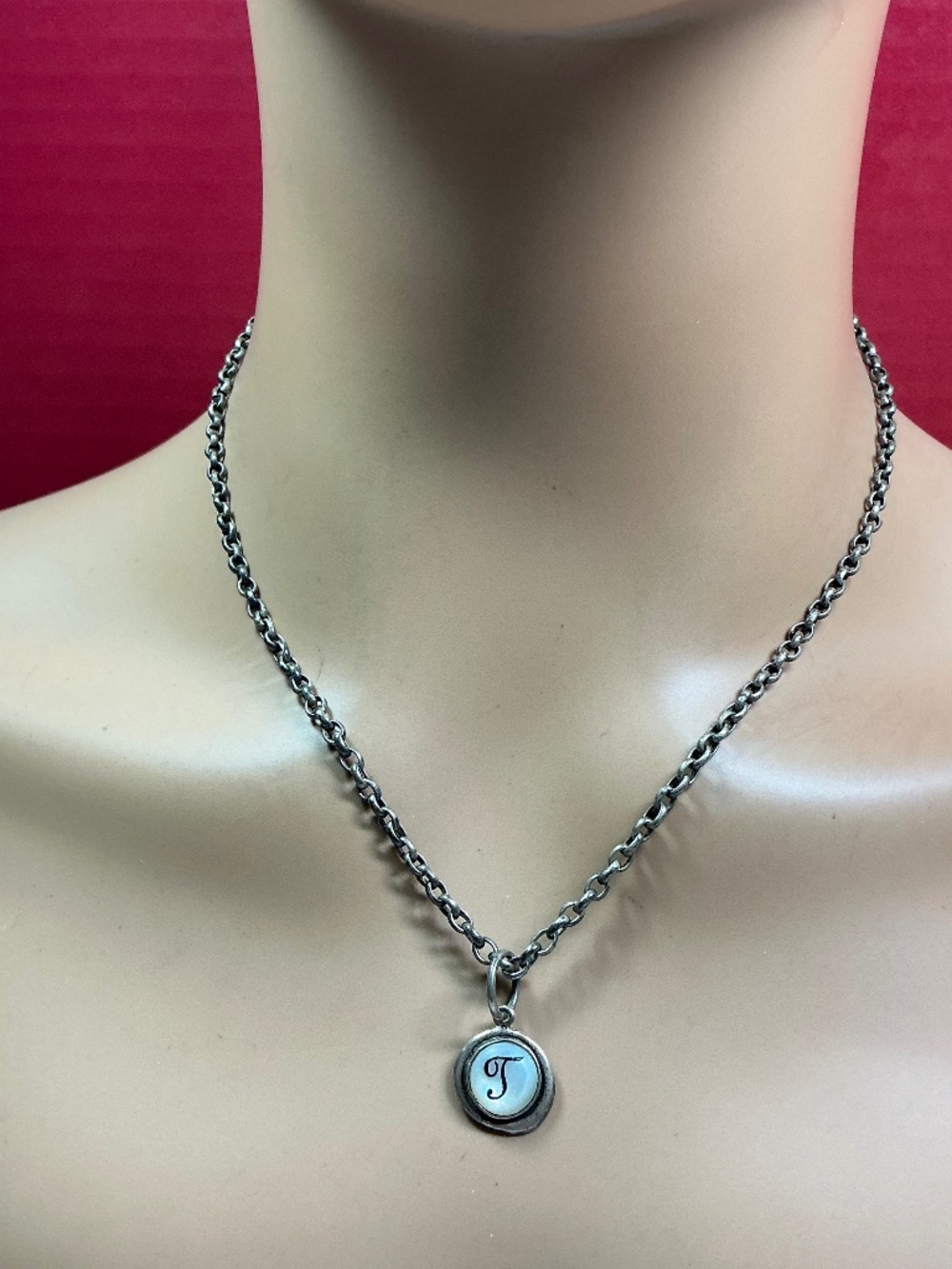 Vintage Waxing Poetic Sterling Silver Chain & Pendant W/ MOP Letter T Pendant.